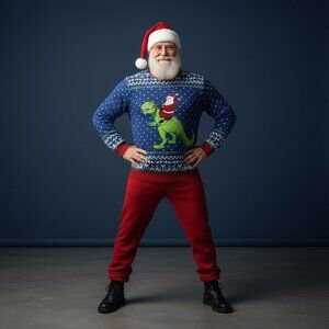 Santa Riding Dinosaur Ugly Christmas Sweater By Blizzard Bay Large